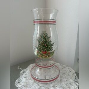 Vintage Christmas Clear Glass Hurricane Candle
Holder w/ Christmas Tree